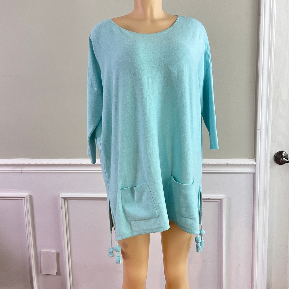 Lilly Pulitzer Tunic Top  Womens Medium Tassel Side Slit Aqua Blue Coastal‎